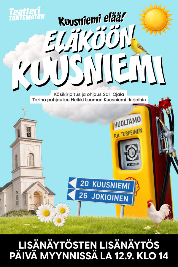 Teatteri Tuntemattoman Niskavuoren naiset -esityksen mainos, taustalla vihreä koivumetsä. Tekstissä ilmoitetaan lisänäytökset 6.9. ja 7.9., käsikirjoitus Hella Wuolijoki, dramatisointi ja ohjaus Sari Ojala.