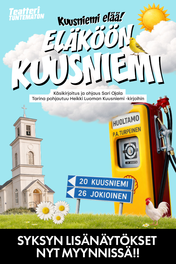 Teatteri Tuntemattoman Niskavuoren naiset -esityksen mainos, taustalla vihreä koivumetsä. Tekstissä ilmoitetaan lisänäytökset 6.9. ja 7.9., käsikirjoitus Hella Wuolijoki, dramatisointi ja ohjaus Sari Ojala.