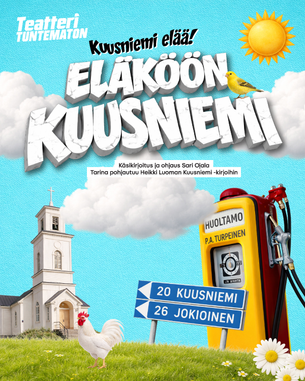 Teatteri Tuntemattoman Niskavuoren naiset -esityksen mainos, taustalla vihreä koivumetsä. Tekstissä ilmoitetaan lisänäytökset 6.9. ja 7.9., käsikirjoitus Hella Wuolijoki, dramatisointi ja ohjaus Sari Ojala.