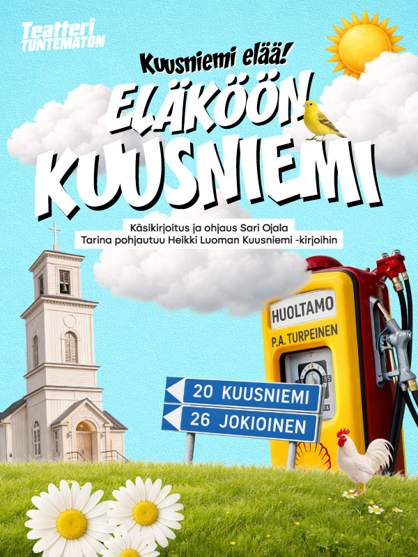Teatteri Tuntemattoman Niskavuoren naiset -esityksen mainos, taustalla vihreä koivumetsä. Tekstissä ilmoitetaan lisänäytökset 6.9. ja 7.9., käsikirjoitus Hella Wuolijoki, dramatisointi ja ohjaus Sari Ojala.